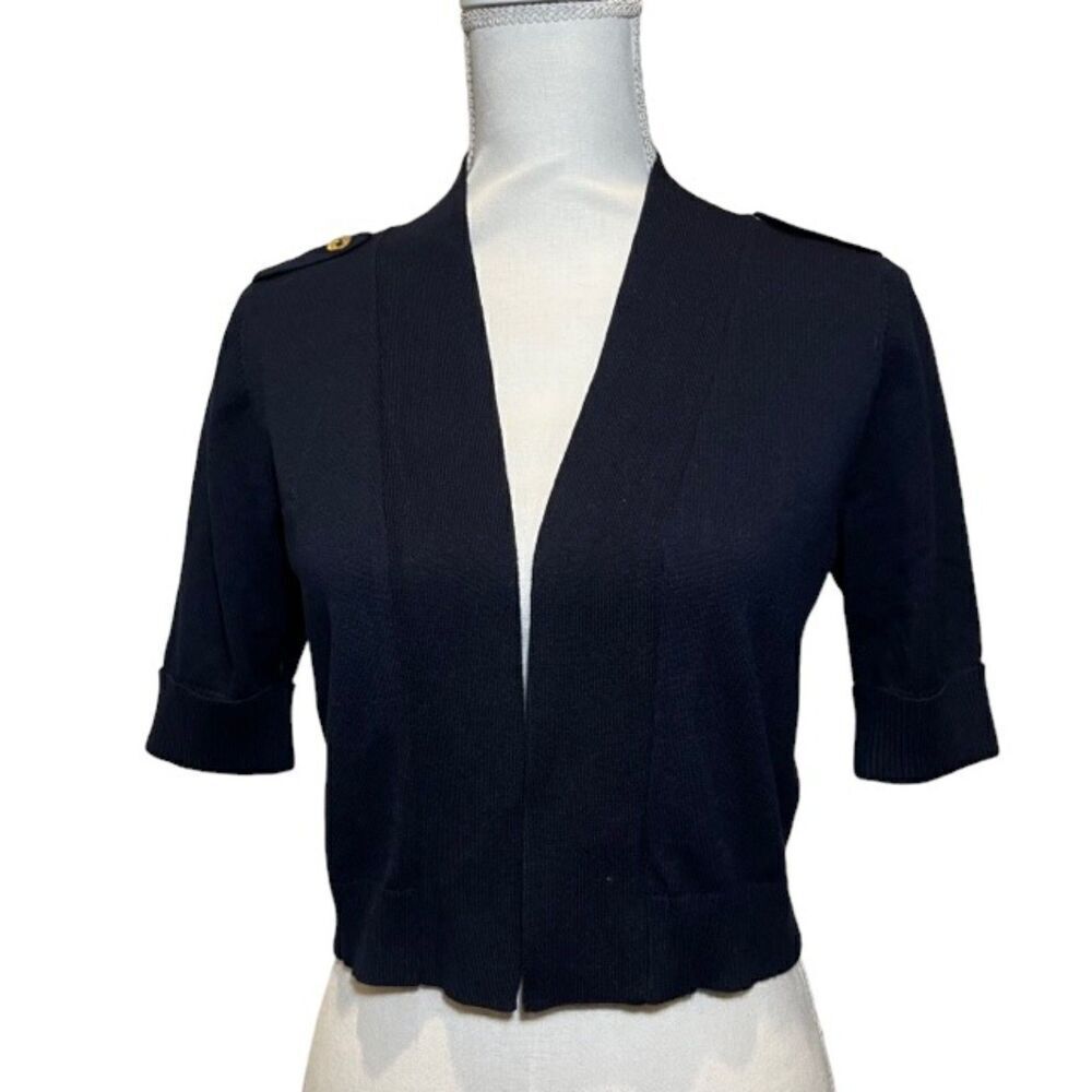 Grace Navy Cropped Cardigan 1/2 Sleeve Lightweight Gold Shoulder‎ Size Medium